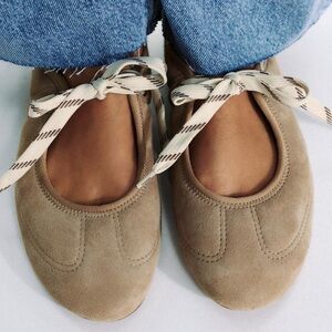 Zara split leather lace-up ballet flats in sandy brown